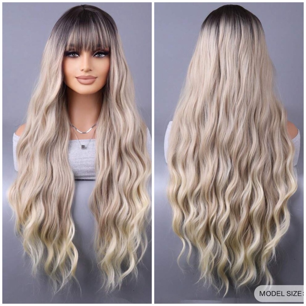 28” Long Blonde Ombre Brown Roots Wavy Wig With Bangs Synthetic Fibres 28 inch